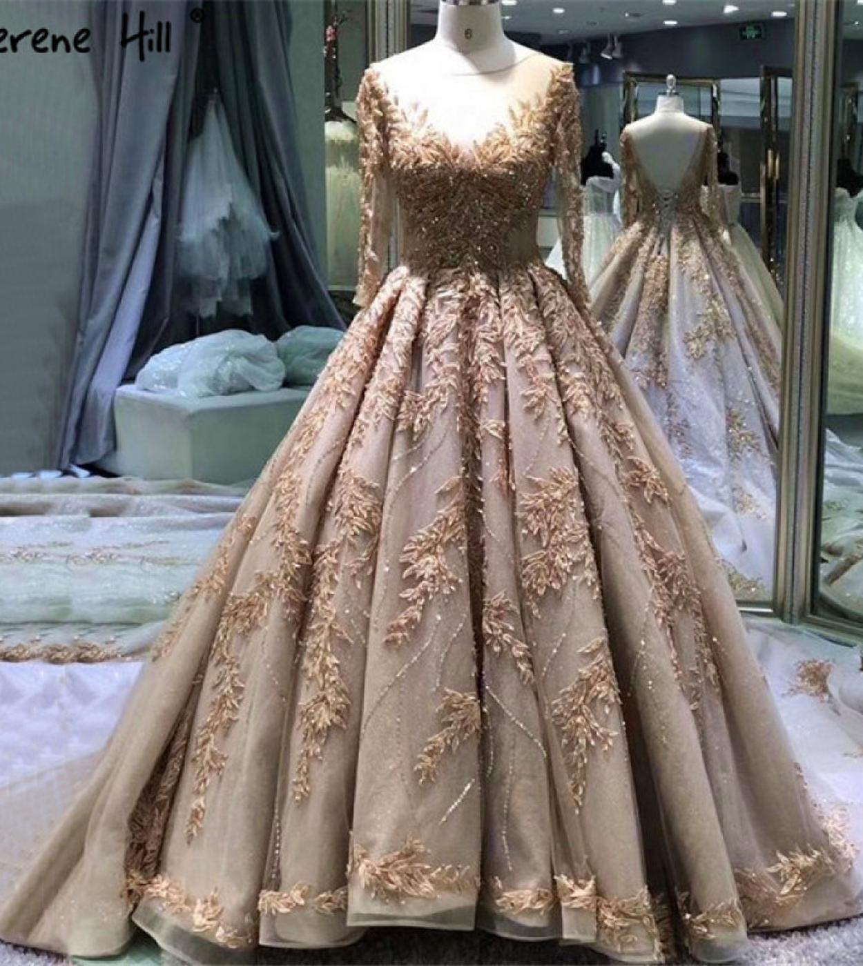 Vestido de noiva dourado extremo luxo mangas compridas feito à mão flores com lantejoulas vintage vestido de noiva Ha2184 feito 