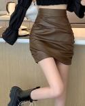 Leather Skirts Women Cross Folds Pu Mini Black Skirt Spring  Fashion Casual Coffee Skirts Women