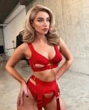 Open Cup Red Bra Panties Set Women  See Through Intimate Exotic Bandage Underwear  Costume 3 Piece Mesh Bralette 