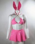 Bunny Lingerie With Metal Chain  Pink Cute Underwear Hollow Out Outfits Sensual Porn Open Bra Backless  Under Wear