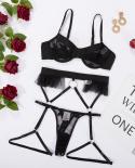 Mesh Heart Lingerie Fine Underwear Women Transparent Lace Intimate Luxury Push Up Bra Panty Set See Through Garter  Outf