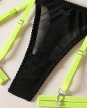  Lingerie Fancy Neon Color Underwear Set Patchwork Transparent Bra Panty 5 Pieces Bandage  Hollow Luxury Lace Outfits