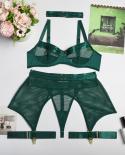 4 Pieces Lingerie  Underwear Women Seamless Push Up Bra And Thong Briefs Exotic Lace Matching Set Naked Fishing Net Inti