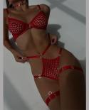 3 Piece Bra And Panties Set Transparent Fishnet Underwear Open Crotch Sissy Intimate Sensual Porn Goods Outfits Of  Red