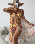 Tropical High Waist Bikinis 2022  3piece Bikini Set Cover Up Swimsuit For Women Long Sleeve Swimwear Beach Wear Bathing 