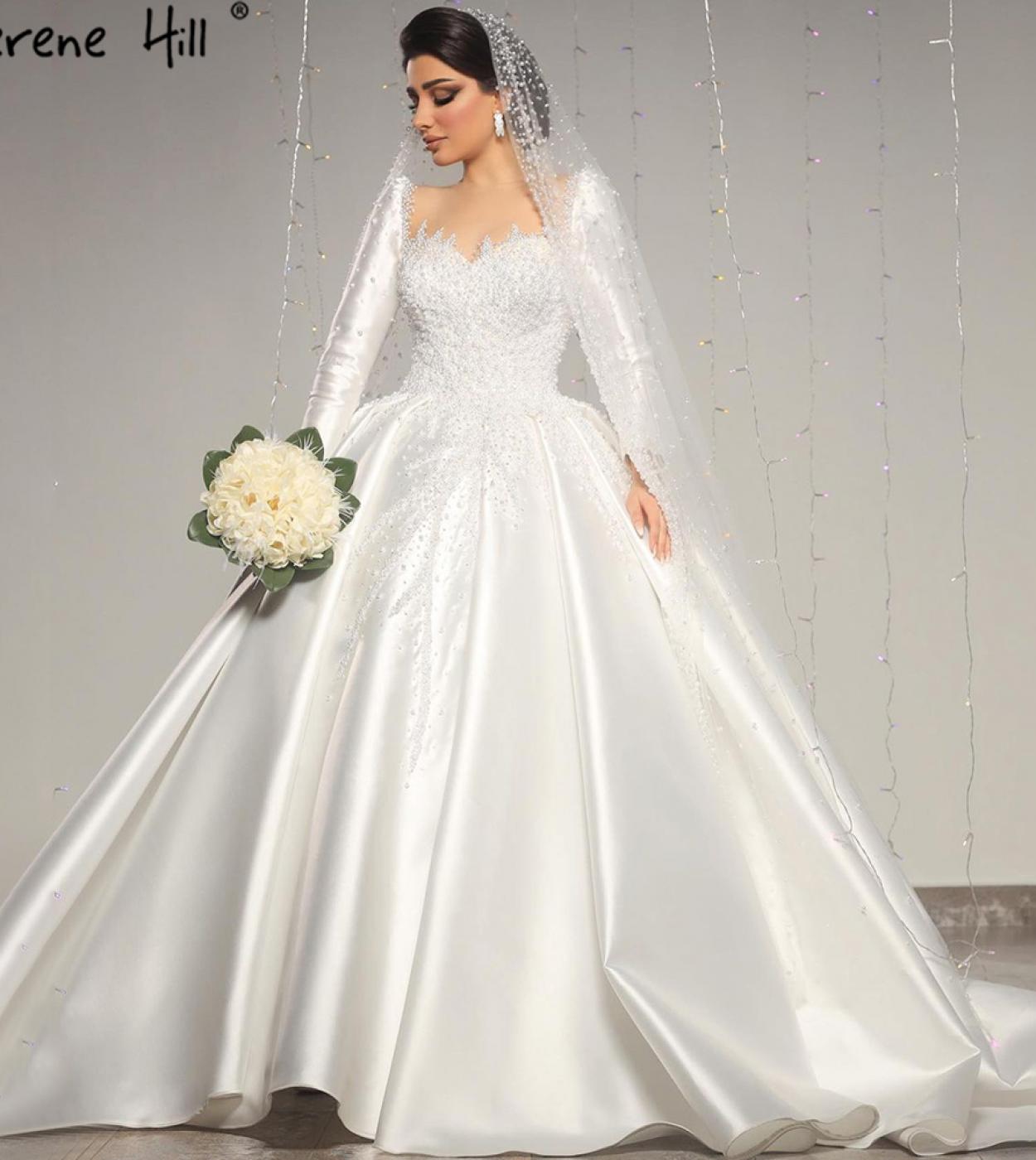 Serene Hill מוסלמי סאטן לבן שמלות כלה יוקרתיות חרוזים פנינים שרוכים שמלת כלה hm67259 חתונה בהזמנה אישית