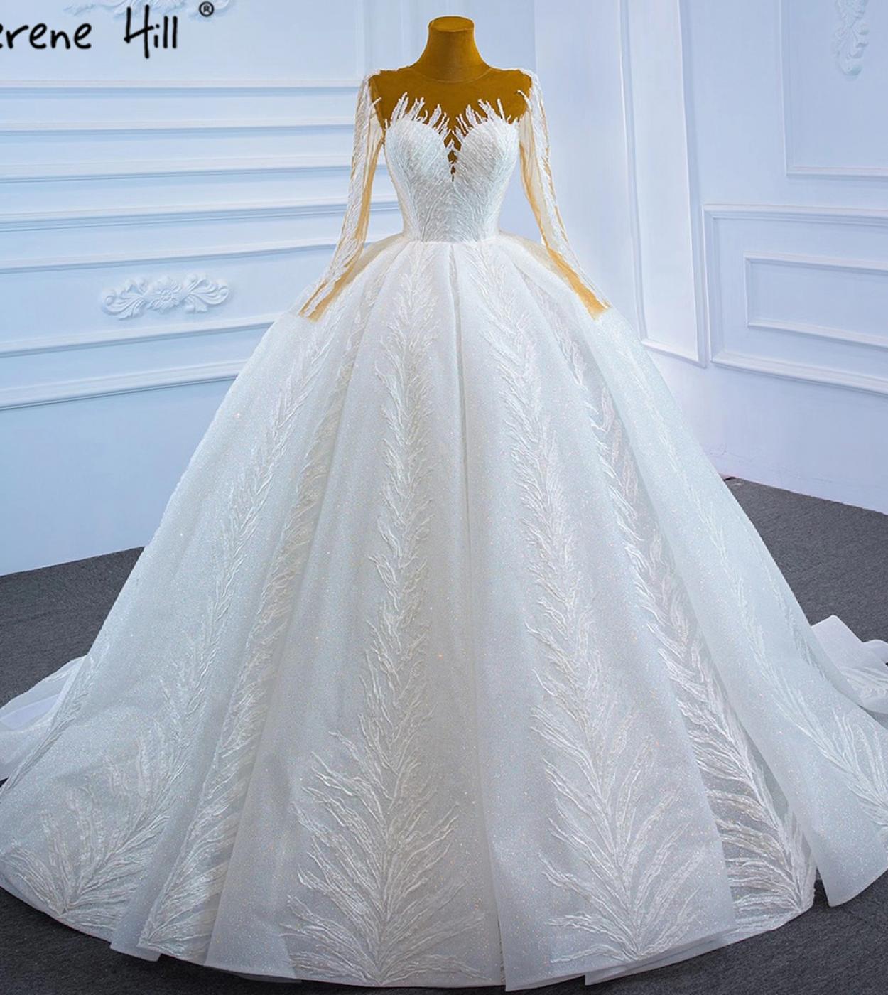Serene Hill Muslim White Luxury Wedding Dresses  Glitter Long Sleeves Highend Lace Up Bridal Dress Hm67235  Wedding Dres