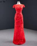 Red Oneck Handmade Flowers Pearls Evening Dresses  Removable Train Mermaid Short Sleeve Formal Dress Hm67077  Evening Dr