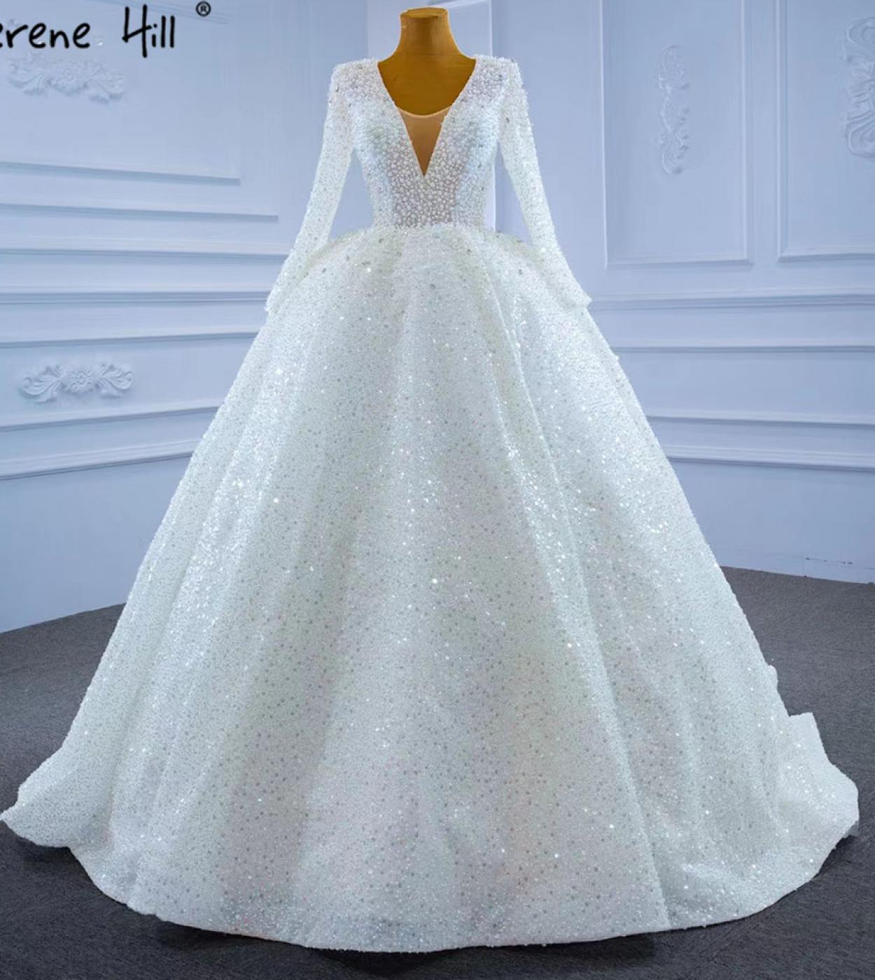 Serene Hill White Muslim Luxury Wedding Dresses 2023 High End Beaded Pearls Lace Up Bridal Dress Hm67265 Custom Madewedd