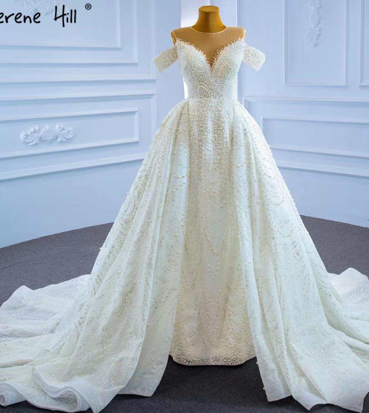 فساتين زفاف فاخرة بيضاء من Serene Hill باللون الأبيض الفاخر بتصميم حورية البحر مطرز باللؤلؤ وأربطة فستان زفاف Hm67264 مصنوع حسب 