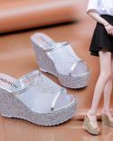 Bling Golden Women Slippers Summer Shoes Platform4cm Outside Fittingroom 11cm High Heels Wedges Solid Mesh Female Slid