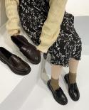 Platform Leather Shoes Women Chunky Thick Sole Round Toe Black Brown Pu Shallow Pure British Style Retro Slipon Leisure 