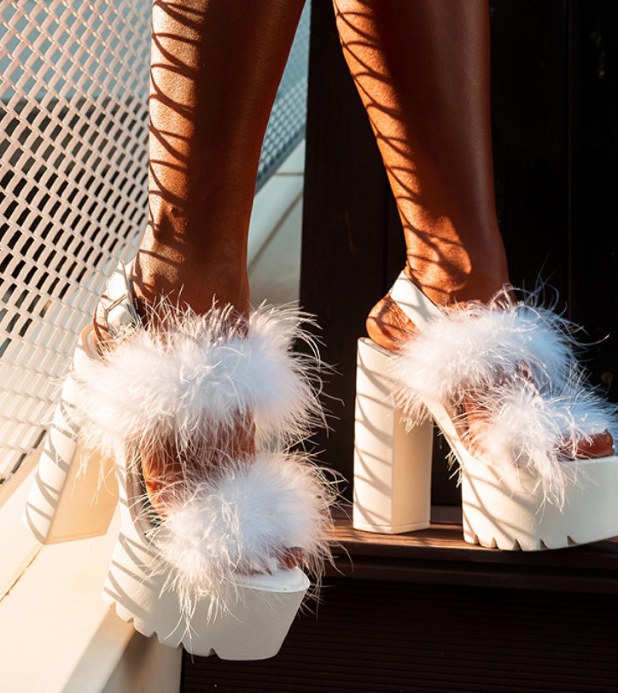 2022 New Gift Chunky Platform Sandals High Heels Fur Black White Summer Woman Shoes Zapatos De Mujer Sandalias  Womens 