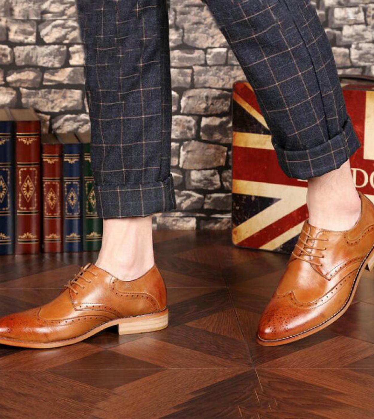 Brand Brogue Brown Red Black Men Business Dress Shoes Pointed Toe Men Wedding Shoes Leather Formal Shoes  Casual Flats H