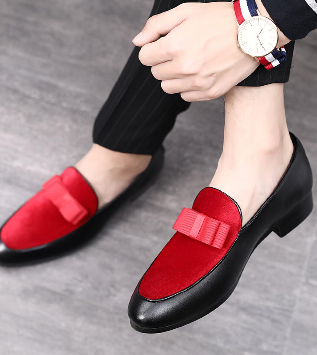 Luxury Bowknot Dress Shoes Male Loafers Black Patent Leather Red Suede Loafers Men Formal Wedding Shoes Men Formal Leath