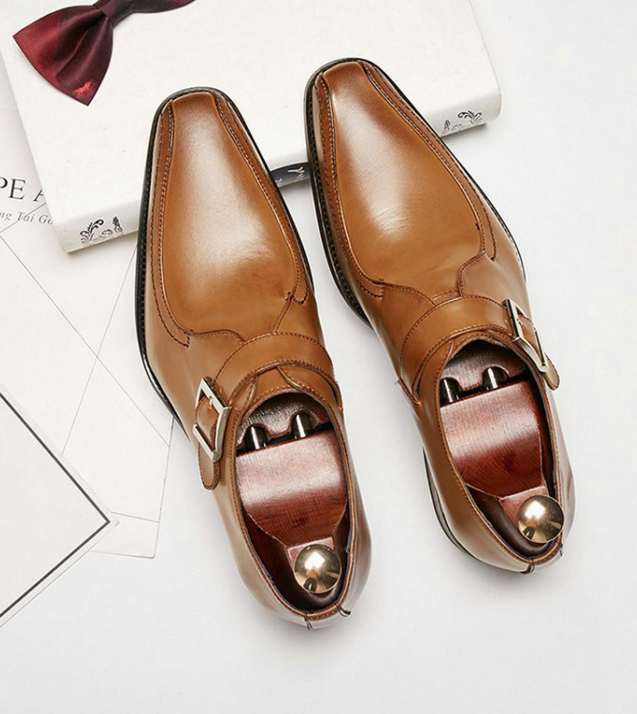 New Fashion  Leather Men Brown Monk Strap Formal Shoes Office Business Wedding Suit Men Dress Loafers 884  Mens Dress S