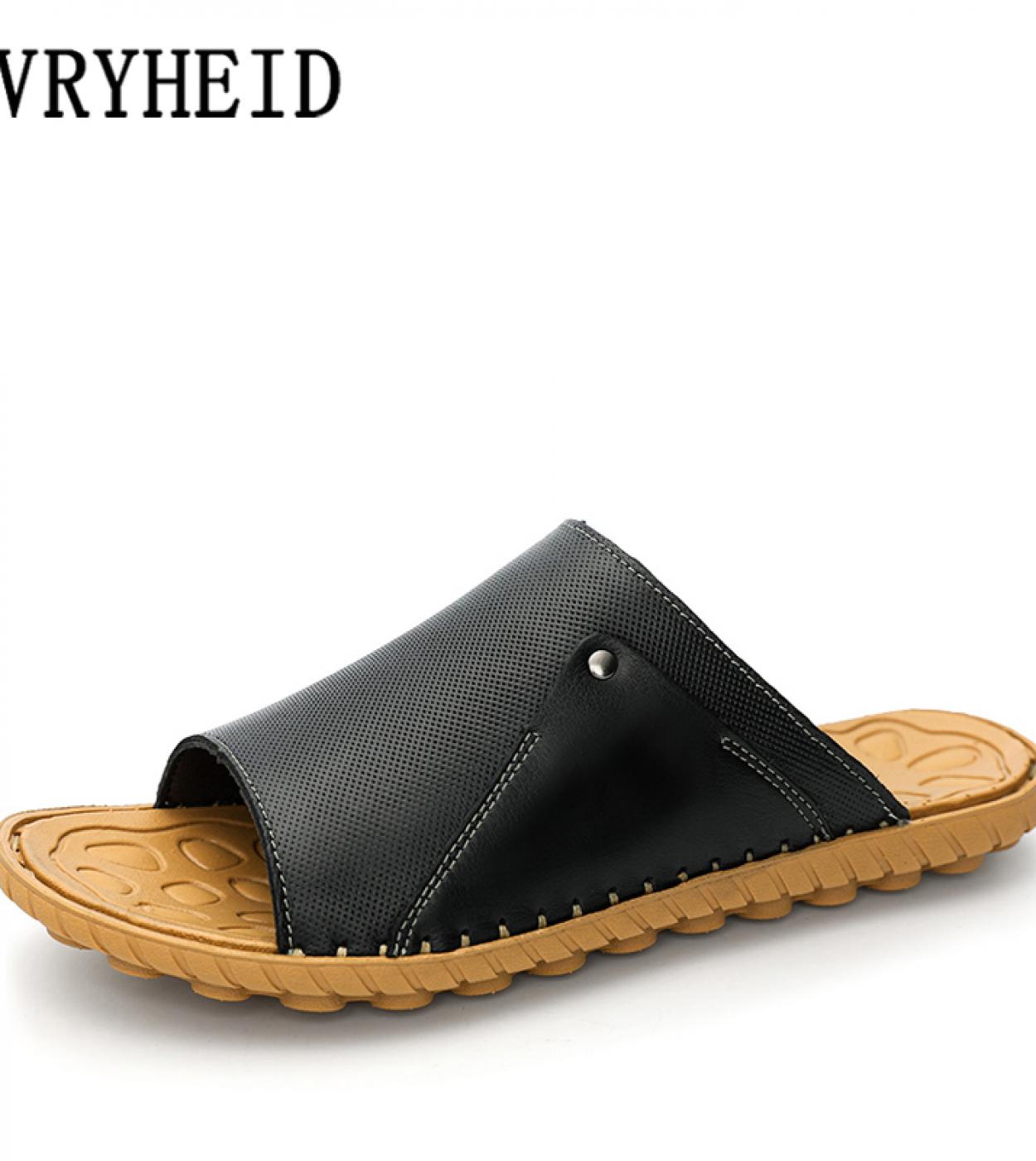 Vryheid Summer Genuine Leather Mens Slippers Breathable Slipon Sandals Men Casual Beach Shoes Outdoor Flip Flop Big Siz