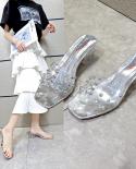 Clear Heels Slippers Women Sandals Summer Shoes Woman Transparent High Pumps Wedding Jelly   Square Heelsslippers