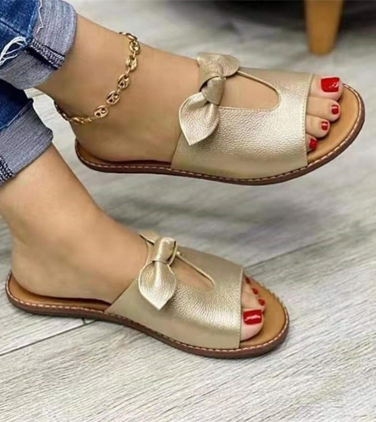  New Summer New Women Leisure Fashion Bow Flat Sandals Sandals Comfortable Soft Bottom Womens Breathable Beach Sandals