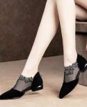 Womens Rhinestone Mesh Low Heels Sandals Flowers Zipper Pointed Pumps Comfortable Shoes For Women 2022 Fashion Mujer Za