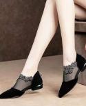 Womens Rhinestone Mesh Low Heels Sandals Flowers Zipper Pointed Pumps Comfortable Shoes For Women 2022 Fashion Mujer Za