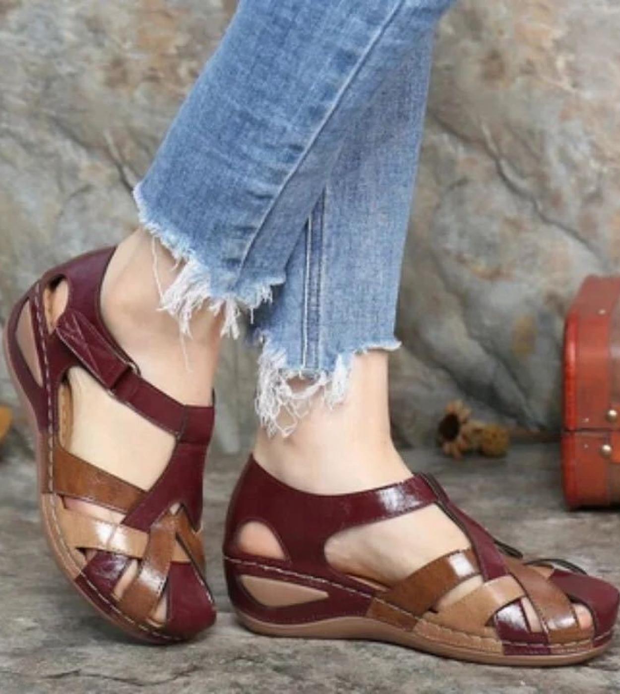 Women Sandals  Summer Soft Sole Closed Toe Wedges Shoes Hollow Out Non Slip Pu Leather Ladies Shoes Mixed Color Female S