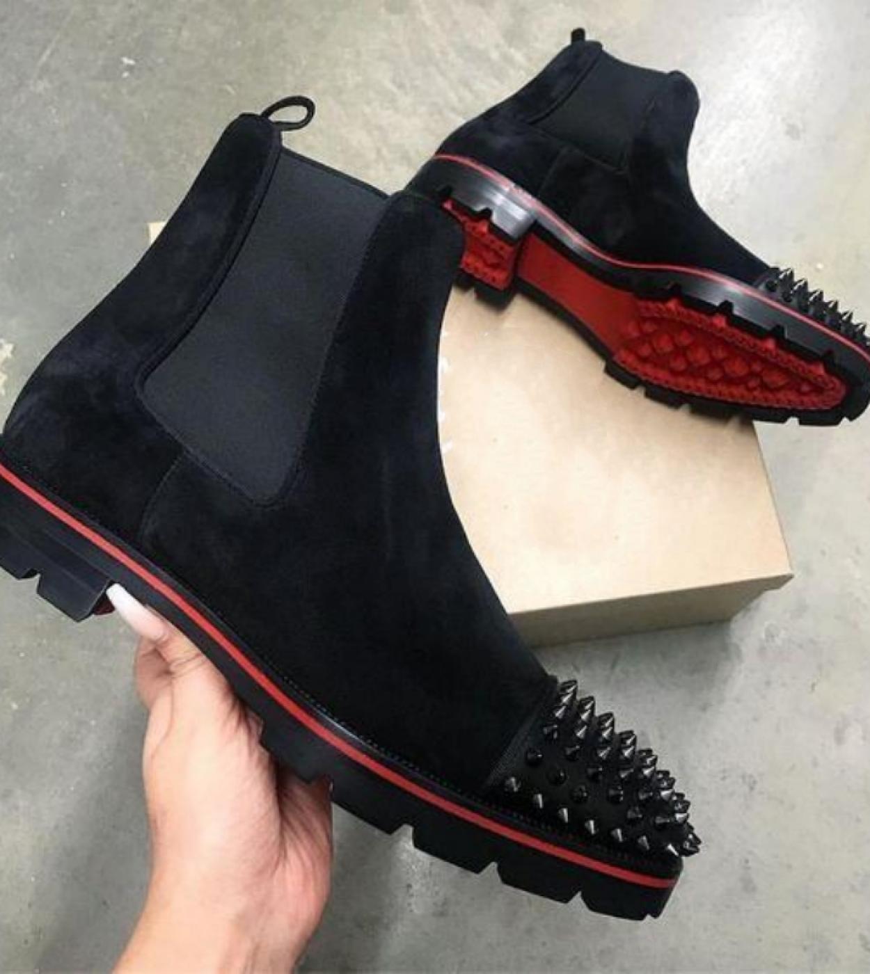 US 57.14 New Red Sole Men Chelsea Boots Rivet Square Square Toe Mens Chelsea Boots New Description