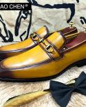 أحذية جلدية حقيقية إيطالية للرجال أسود أصفر فاخر حذاء هورسبيت فستان كاجوال أحذية رجالي لحفلات الزفاف أحذية بدون كعب F