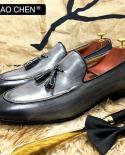 Zapatos informales elegantes para hombre, mocasines con borlas, color negro y gris, zapatos de vestir de cuero genuino para homb