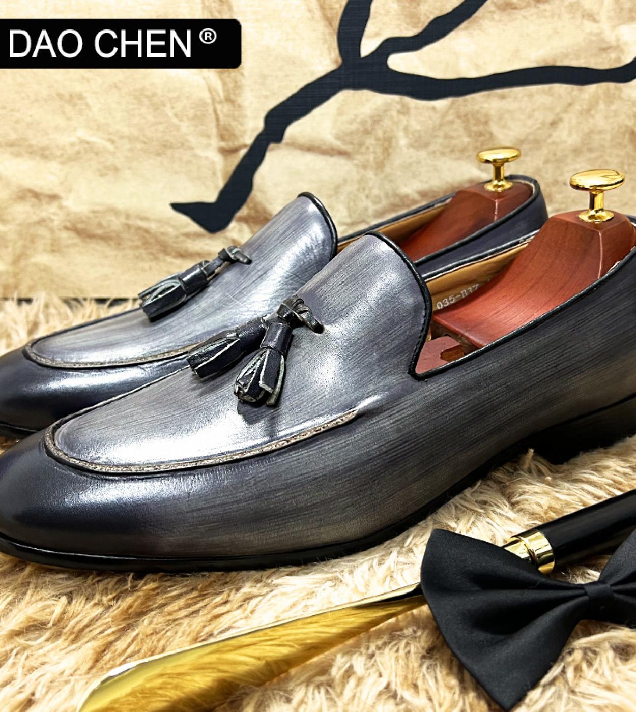 Zapatos informales elegantes para hombre, mocasines con borlas, color negro y gris, zapatos de vestir de cuero genuino para homb