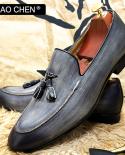 Elegant Men Casual Shoes Black Gray Slip On Tassels Loafers Genuine Leather Mens Dress Shoes Wedding Office Formal Shoes