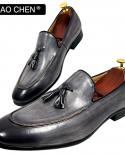 Elegant Men Casual Shoes Black Gray Slip On Tassels Loafers Genuine Leather Mens Dress Shoes Wedding Office Formal Shoes