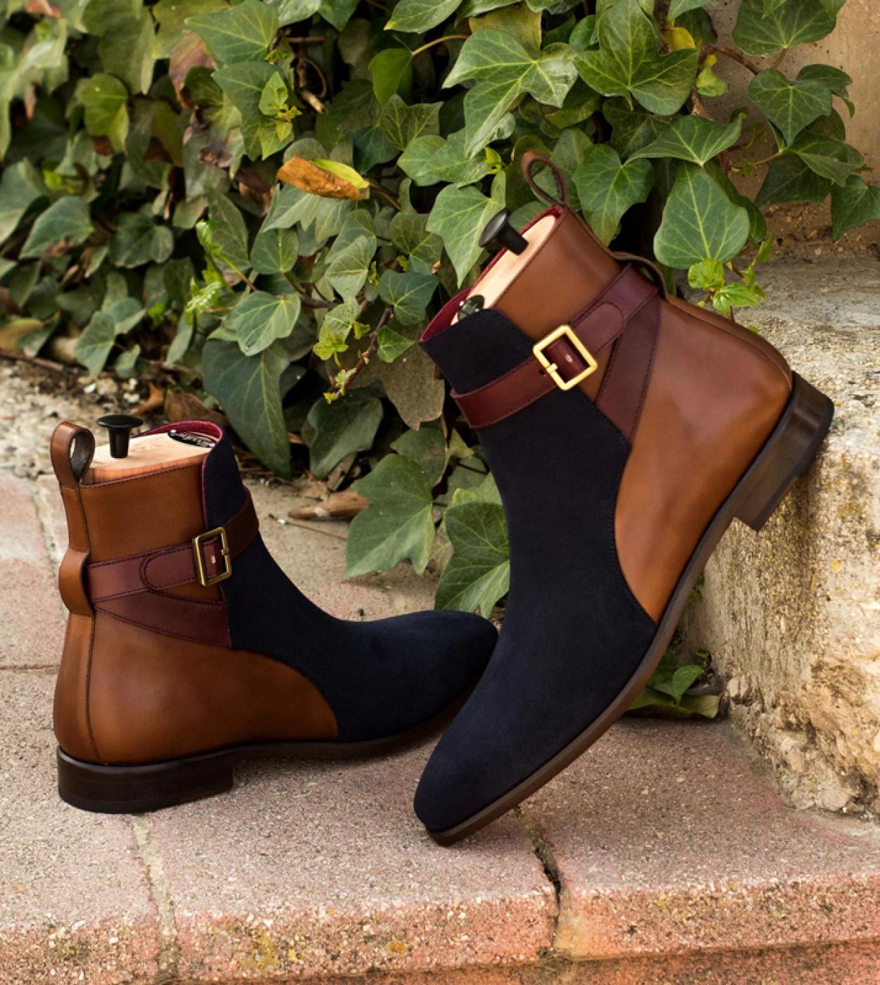 US 61.13 New In Men Ankle Boots Brown Blue Buckle Strap Square Toe