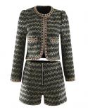2022 Elegant High Quality Autumn Winter Bright Silk Plaid Suit Women Long Sleeve Beading Pocket Coat  Shorts 2 Pieces S