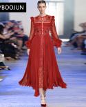 Elegant Dresses For Women 2022 Luxury Designer Runway Summer Lantern Sleeve Mesh Sequins Beading Lace Long Red Pleated D