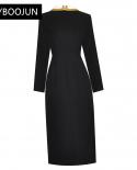 Fashion Designer Dress Autumn Women Dress Turn Down Collar Wrist Sleeve Crystal Brooch Bow Casual Black Dresses
