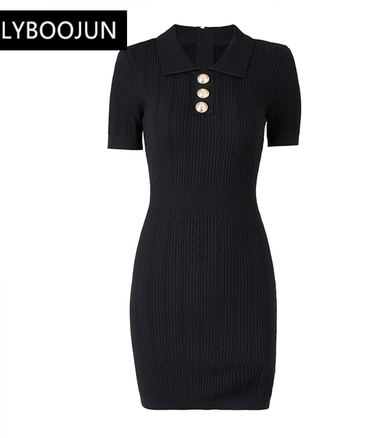 Dresses For Women 2022 Luxury Designer Autumn Runway Elegant Short Sleeve Polo Collar Black Sheath Skinny Knitting Mini 