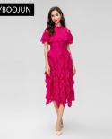 Dresses For Women 2023 Elegant High Quality Luxury O Neck Short Sleeve Ruffled Hollow Out Patchwork Lace Solid Midi Dres