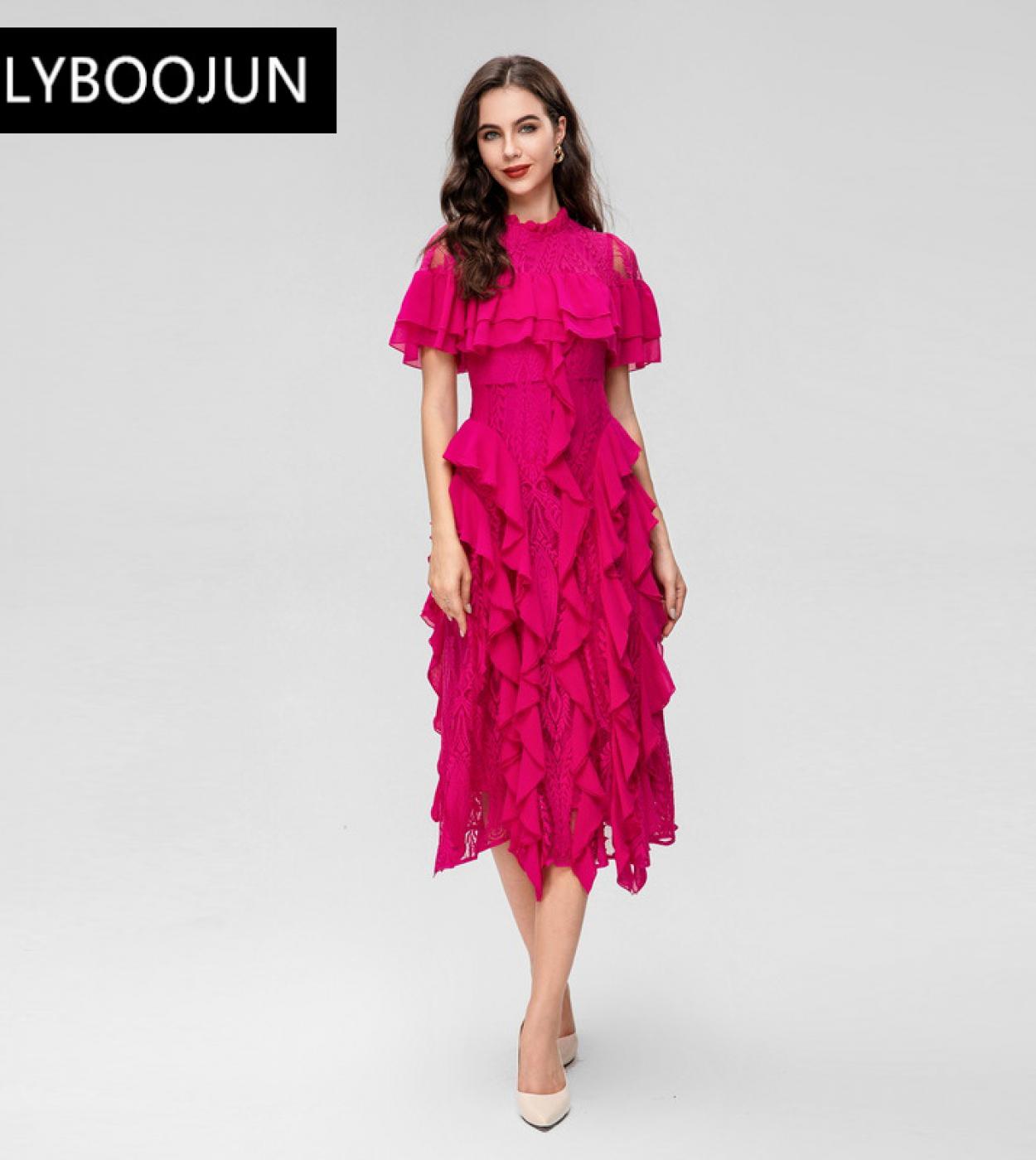 Dresses For Women 2023 Elegant High Quality Luxury O Neck Short Sleeve Ruffled Hollow Out Patchwork Lace Solid Midi Dres