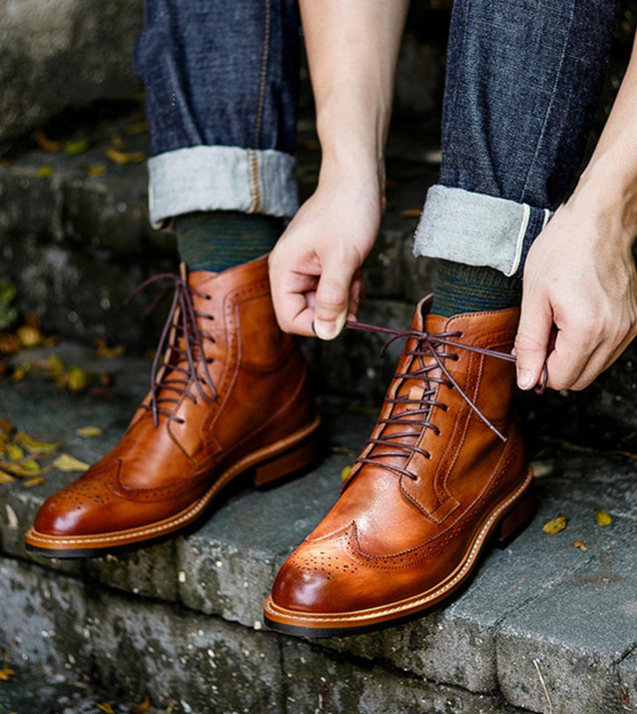מגפי גברים בסגנון בריטי וינטג יוקרתי עור מקורי בעבודת יד בעבודת יד נעלי שרוכים שטוחות נעלי מערב צלסי