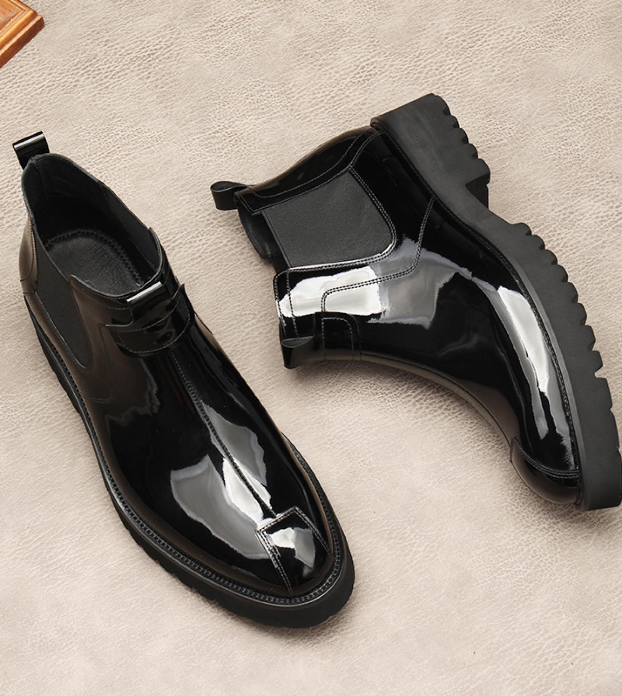 Luxury Patent Leather Mens Boots 2023 New Style Platform Slip On Black Ankle Warm Business Chelsea Boots Shoes Genuine L