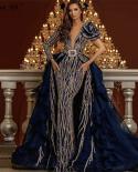 Dubaï bleu manches longues fleurs robes de soirée paillettes perles luxe robe formelle Serene Hill Hm67079 robe de soirée