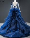 Dubaï bleu manches longues fleurs robes de soirée paillettes perles luxe robe formelle Serene Hill Hm67079 robe de soirée