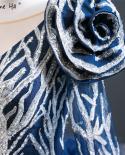 Dubai Blue Long Sleeve Flowers Evening Dresses  Sequined Beading Luxury  Formal Dress Serene Hill Hm67079  Evening Dress