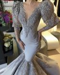 דובאי בתולת ים אפור סאטן שמלות ערב יוקרתיות שרוולים ארוכים פנינים חרוזים שמלה רשמית שלווה היל 2023 hm67048ערב