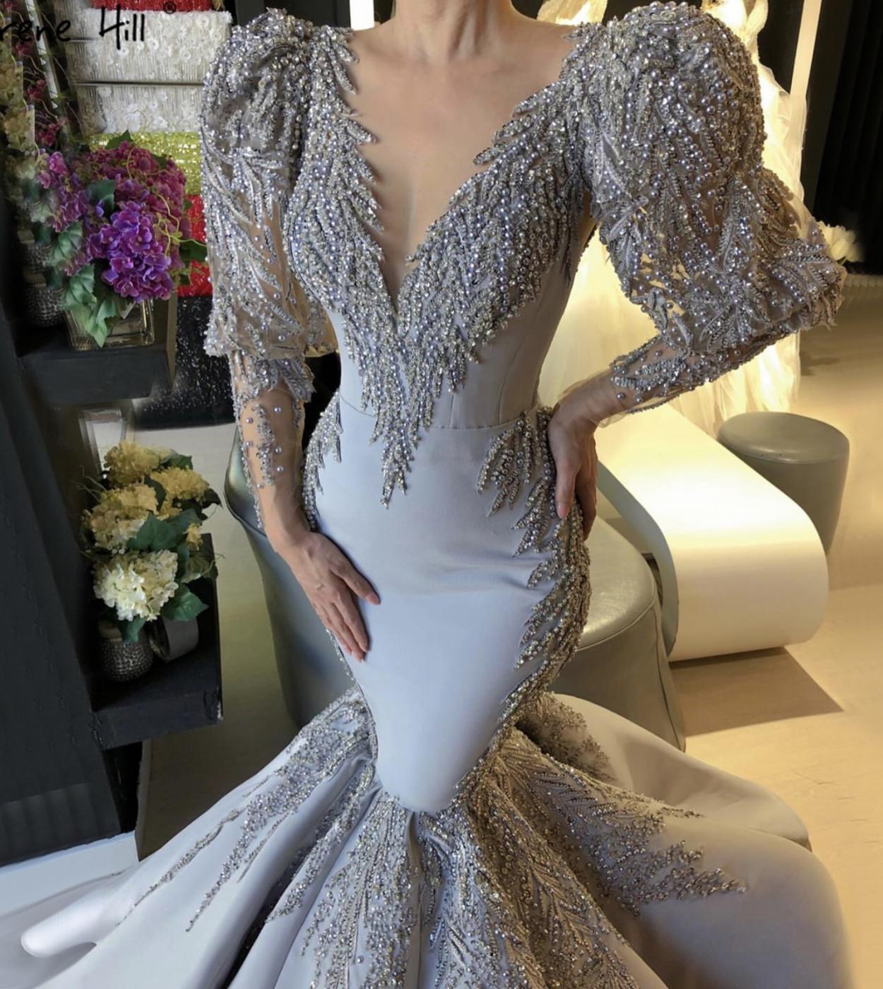 Dubai Mermaid Grey Satin Luxury Evening Dresses Long Sleeve Pearls Beading Formal Dress Serene Hill 2023 Hm67048evening 