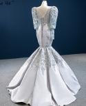 Dubai Mermaid Grey Satin Luxury Evening Dresses Long Sleeve Pearls Beading Formal Dress Serene Hill 2023 Hm67048evening 
