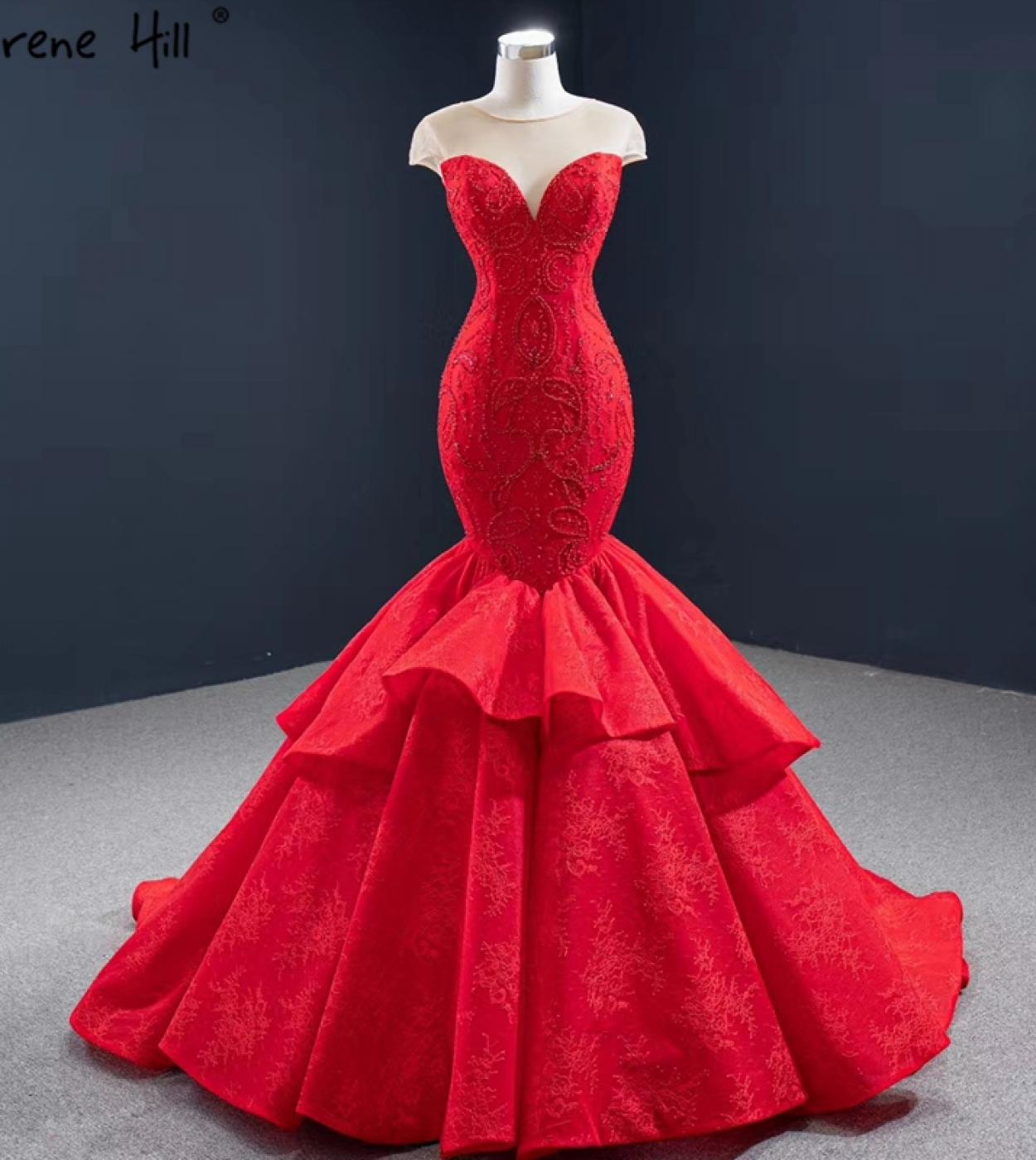 בתולת ים אדומה שמלות ערב כובע שרוולים חרוזים תחרה שמלה רשמית שלווה היל hm67149 שמלות ערב