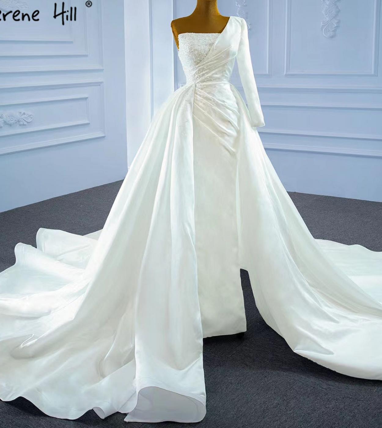 Serene Hill White Mermaid Satin Wedding Dresses 2023 Beaded Pearls Overskirt  Bridal Dress Hm67244 Custom Madewedding Dr