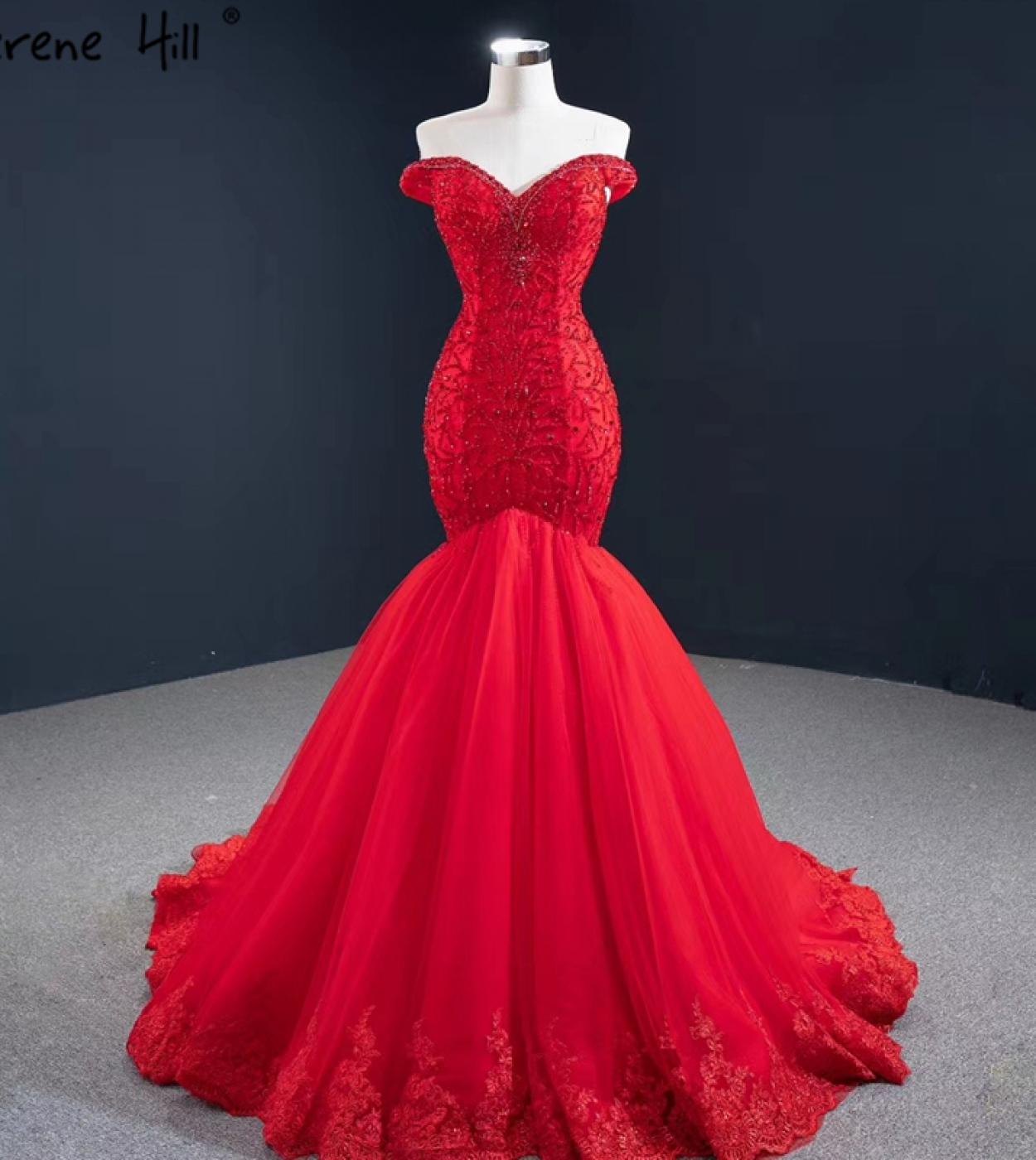 Robes de soirée sirène rouge haut de gamme hors épaule perles diamant robe formelle Serene Hill Hm67150 robes de soirée